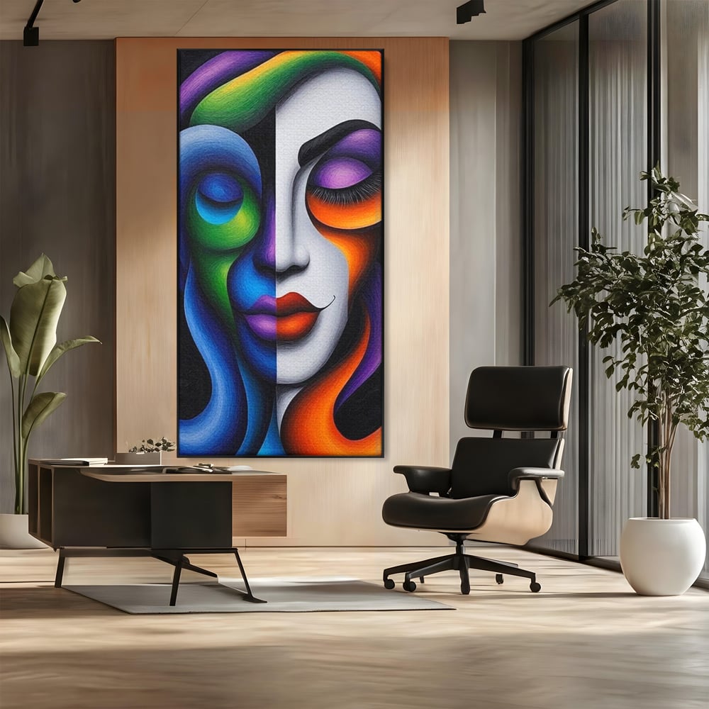 Tablou canvas cu portret abstract feminin bicolor, in rama de aluminiu negru, pe perete intr-un birou